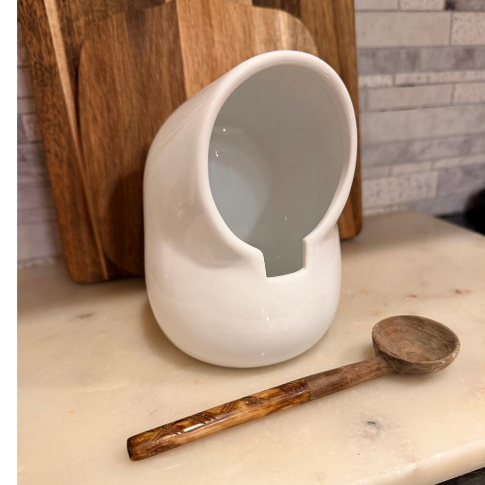 Crate & Barrel White Porcelain Salt Pig Cellar Jar with Wooden Spoon